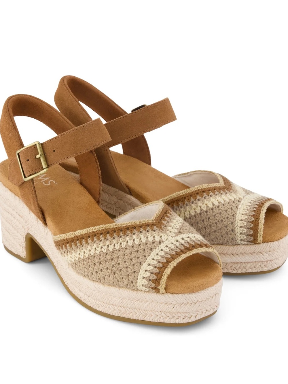 NWT NIB Tom’s Isla Peep Toe Heeled Sandals Tan Almond Crochet Platform Espadrill